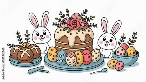 Whimsical easter bunnies with decorated cake and eggs on plates festive spring celebration
