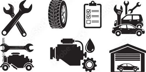 Car repair service icons set with tools and vehicles graphics