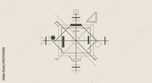 Geometric abstract symbol with intersecting lines and shapes.
