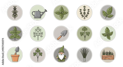Collection of gardening icons featuring various plants and tools.