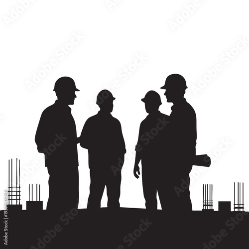 Construction workers silhouettes on building site.
