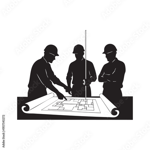 Construction team discussing blueprint architects at work.