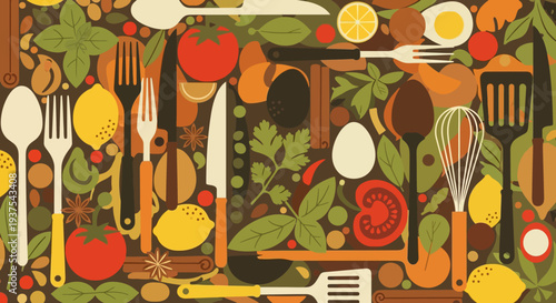 Vibrant kitchen utensils and fresh ingredients arranged on a wooden table.