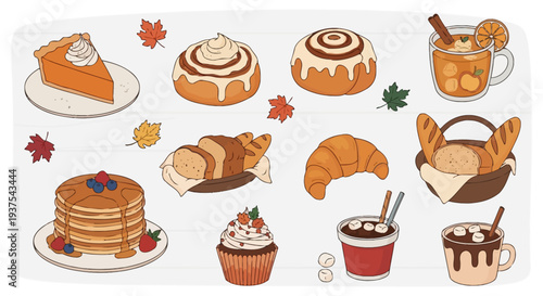Assorted autumn-themed baked goods and beverages.