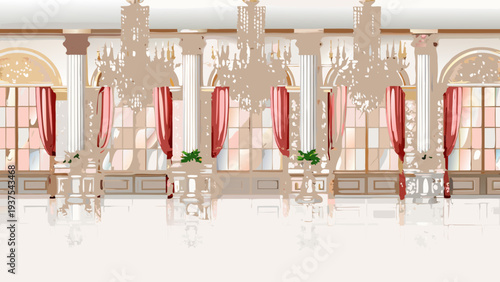 Elegant interior view featuring columns drapes and ornate architectural details