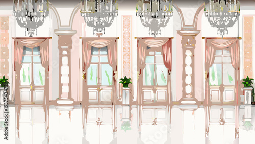 Elegant interior view of a ballroom with ornate chandeliers and drapery