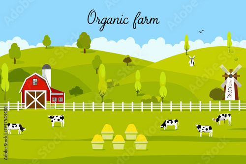 A colorful illustration depicting a peaceful organic farm scene with livestock