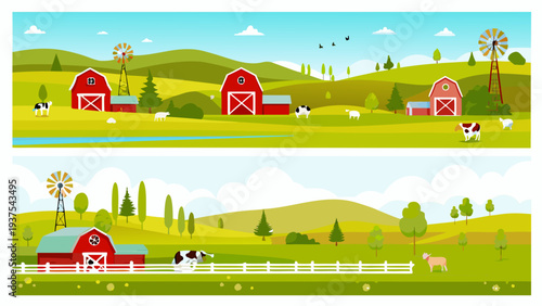 Peaceful countryside scene with farms animals and rolling green hills