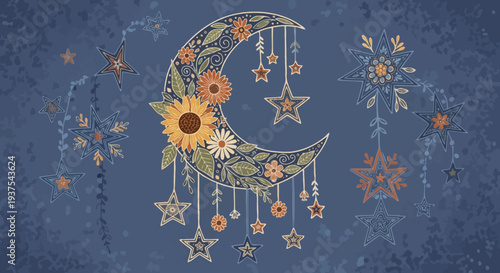 Crescent Moon with Floral and Star Decorations on Dark Blue Background.