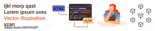 Web design, programming learning, content creation, software development, coding workflow, virtual innovation. Woman pondering next to code and icons. Web design and programming learning concept