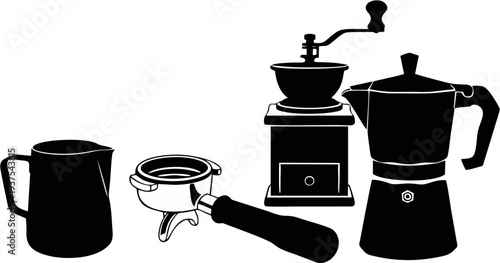 Barista Coffee Shop Equipment Silhouettes Collection Solid Black Vector Shapes on White Background