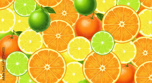 Vibrant oranges and lemons cut in half, fresh citrus fruits pattern.