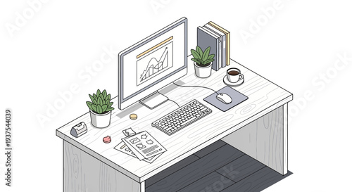 Isometric illustration of a modern office desk with computer and accessories.