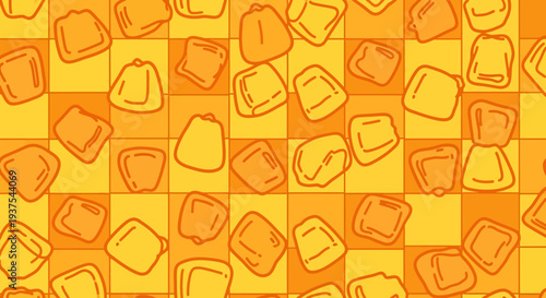 Vibrant Orange and Yellow Checkerboard Pattern with Abstract Shapes.