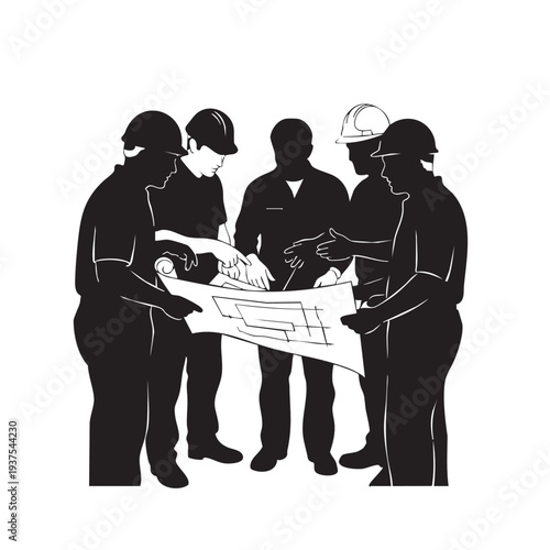 Engineers discussing blueprint construction team meeting.