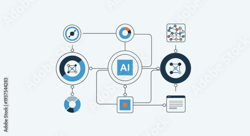 Artificial Intelligence Diagram with Icons and Flowchart.