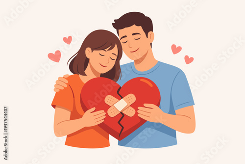 Happy young couple hugging and holding a large broken heart mended with bandages, symbolizing forgiveness, reconciliation, and healing a relationship together for long lasting love and peace.