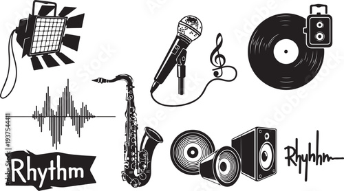 Music icons and symbols in black and white illustration style