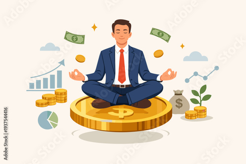 Financial Guru Meditating on a Large Gold Coin for Wealth Management and Behavioral Finance. Successful Investor in Lotus Pose Surrounded by Money Bags, Charts, and Growing Profits Vector.