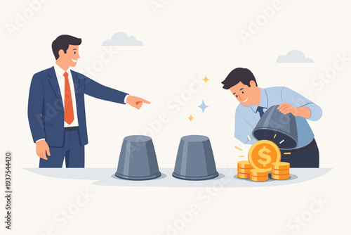 Businessman Investor Playing Shell Game with Gold Coins, Risk and Reward Concept, Predicting Financial Investment Success, Winning the Guessing Game, Professional Men in Suits Flat Vector Art