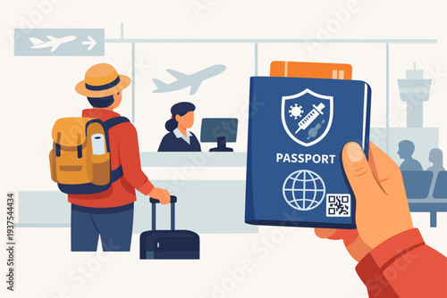 Immunity passport and COVID-19 vaccine certificate for international travel. Hand holding health document with QR code at airport check-in counter with traveler and airplane background vector.