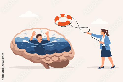 Mental Health Therapy and Psychological Support Concept with a Woman Throwing a Lifebuoy to a Man Drowning Inside a Human Brain, Representing Depression, Anxiety, Stress, and Emotional Rescue.