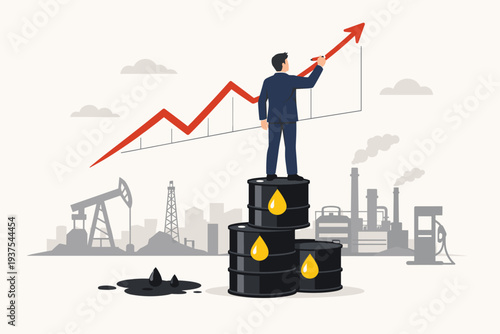 Businessman Standing on Crude Oil Barrels Drawing Rising Red Arrow Graph Representing Global Energy Price Growth, Commodity Market Recovery, High Gasoline Demand, and Petroleum Industry Success