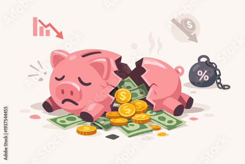 Broken Piggy Bank with Money Spilling Out Representing Financial Crisis, Debt, Inflation, and Investment Failure with Declining Stock Market Chart and Interest Rate Weight Vector Illustration