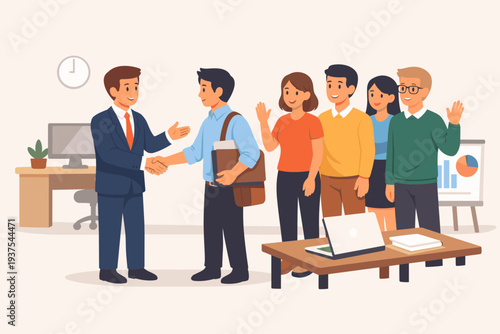 Onboarding a new employee with a warm welcome to the office. A manager in a suit shakes hands with a new hire while diverse colleagues smile and wave in a modern workspace professional setting.
