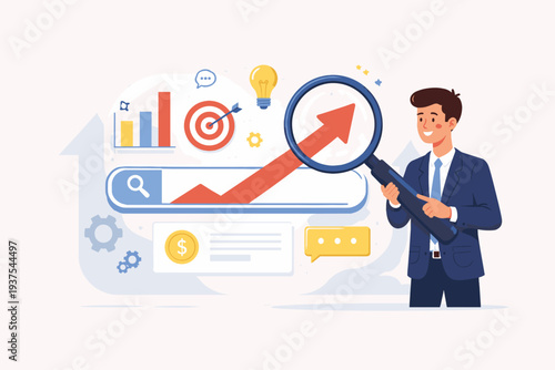 Businessman holding magnifying glass analyzing SEO search engine optimization results with growth arrow, data charts, target, and lightbulb icons for digital marketing and web ranking strategy.