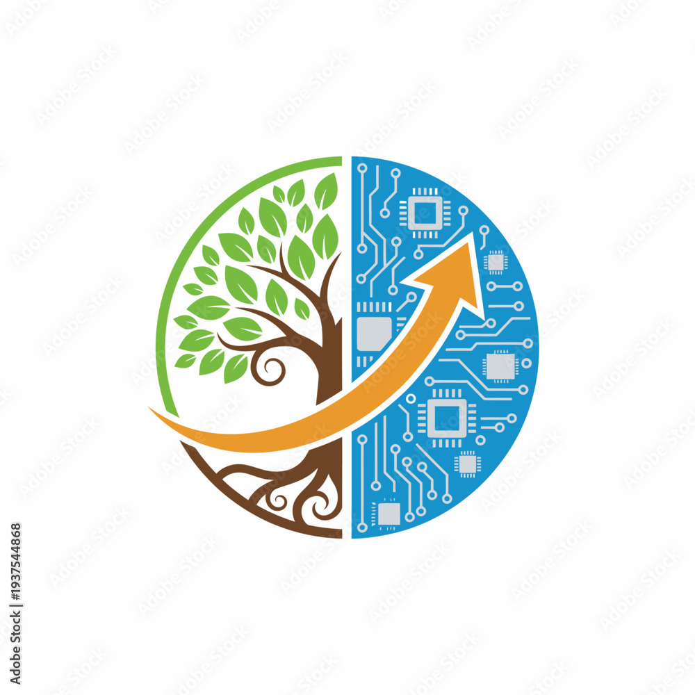 Obraz premium Illustration of a tree with green leaves and circuit board design merging with an upward arrow symbolizing growth and technology