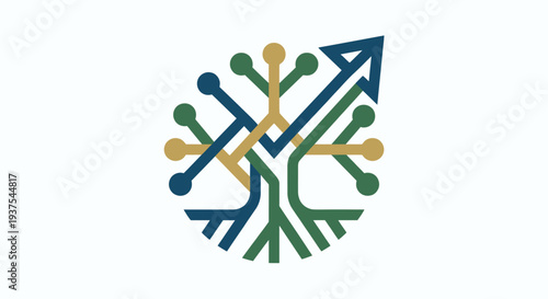 A stylized graphic illustration of intertwined elements and an arrow, symbolizing growth and progress