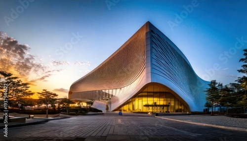 Futuristic architecture - A modern building with unique design at sunset.