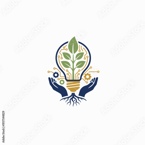 Innovative ideas growing in a lightbulb with hands nurturing roots and leaves surrounded by circuit boards and gears