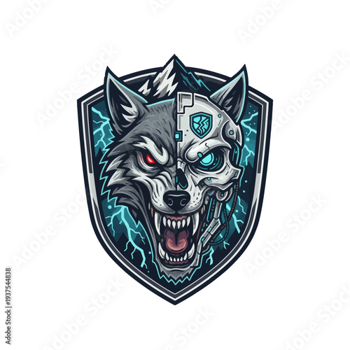 Menacing wolf emblem with skull fusion and electric sparks in a shield