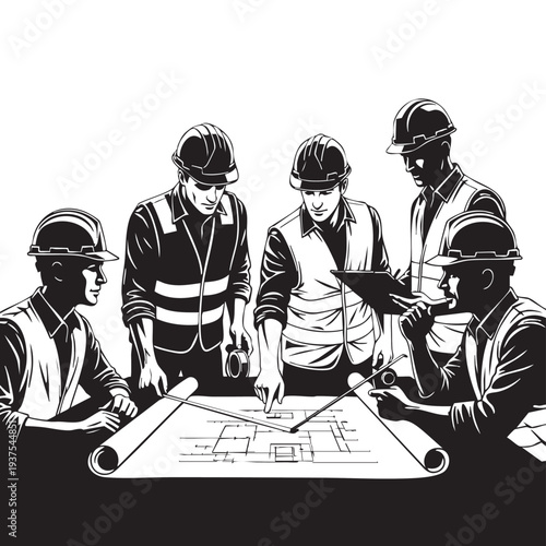 Construction Team Reviewing Blueprint Plans.