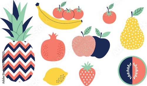 Colorful modern fruit illustration set with pineapple banana apples pear strawberry lemon and pomegranate in flat decorative style for food design