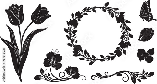 Black floral silhouettes with leaves and butterflies on white background
