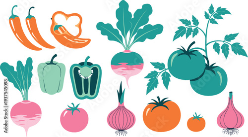 Colorful flat vegetable illustration set with peppers tomatoes radish onion and leafy greens in modern minimalist style for healthy food and farming designs