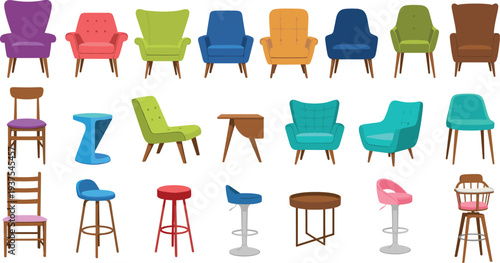Large colorful furniture collection vector illustration set featuring modern armchairs, wooden dining chairs, bar stools, and side tables for interior home decor design projects.