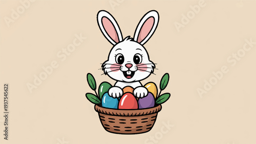 Hand drawn easter bunny in a wicker basket with colorful eggs and green leaves on a beige background smiling and looking forward