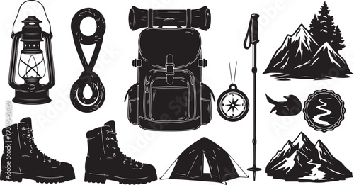 Camping and hiking equipment icons in black and white illustration style