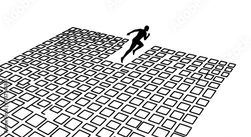 Running person silhouette overcoming a significant challenge by leaping across a gap in a complex grid pattern, symbolizing progress, determination, and future success in business or life's journey.