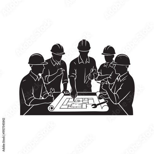 Engineers discussing blueprint construction team meeting.