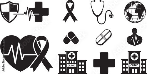 Healthcare symbols and icons for medical awareness and support services