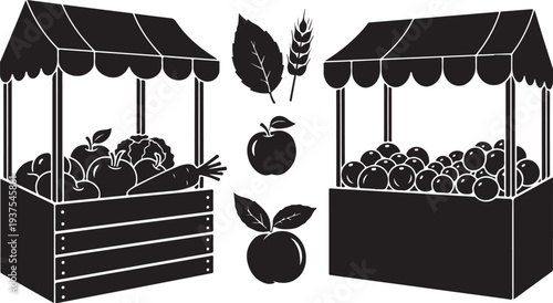Black and white illustration of fruit stands and fresh produce