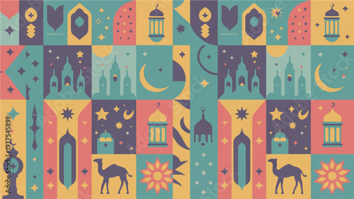 Vibrant islamic celebration seamless vector pattern with lanterns mosques camels and crescent moons in colorful tiles
