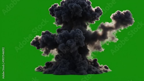 A massive explosion occurs with dark smoke rising rapidly outdoors