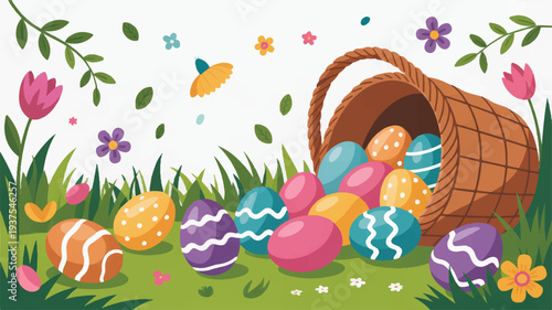 Whimsical easter basket overflowing with colorful eggs on grass with flowers and leaves