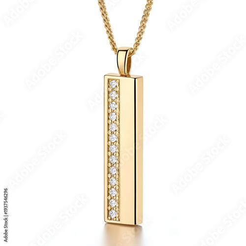 Minimalist gold bar pendant necklace with embedded gemstone detail.